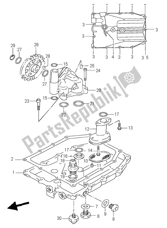 All parts for the Oil Pan & Oil Pump of the Suzuki RF 900R 1997
