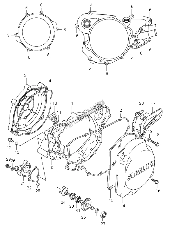 All parts for the Crankcase Cover & Water Pump of the Suzuki RM 125 2002