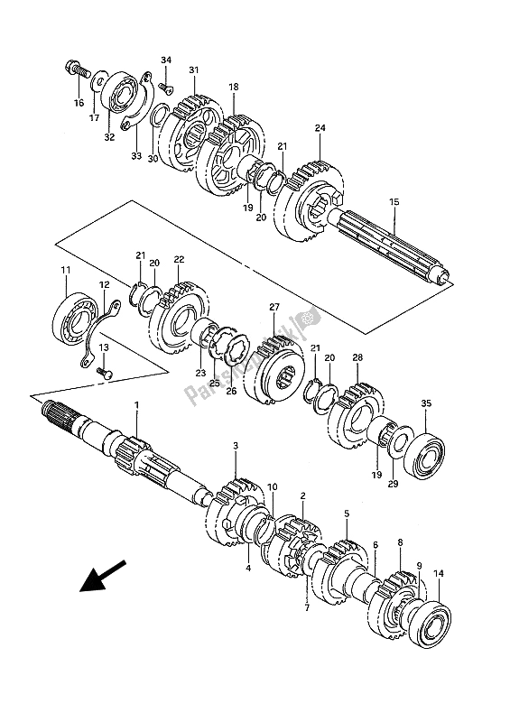 All parts for the Transmission (e2-e4-e17-e21-e22-e24-e34) of the Suzuki VS 1400 Glpf Intruder 1992