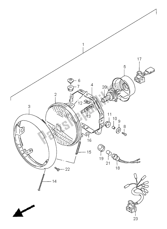 All parts for the Headlamp (e2) of the Suzuki VS 1400 Intruder 2000