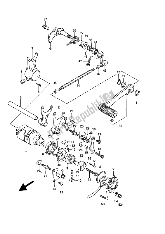 Alle onderdelen voor de Schakelen (e2-e4-e17-e21-e22-e24-e34) van de Suzuki VS 1400 Glpf Intruder 1991