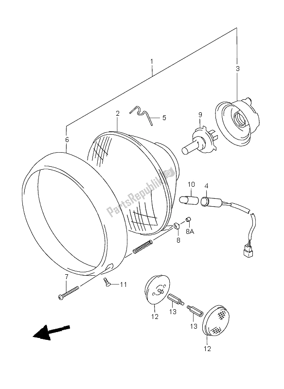 Alle onderdelen voor de Koplamp (e2-e19-e24-p37) van de Suzuki VL 1500 Intruder LC 2001