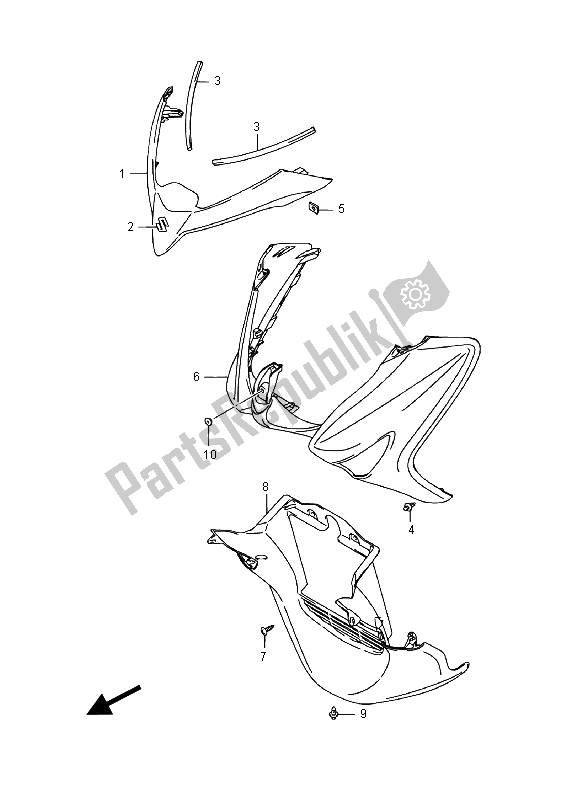 All parts for the Front Leg Shield of the Suzuki UH 125A Burgman 2015