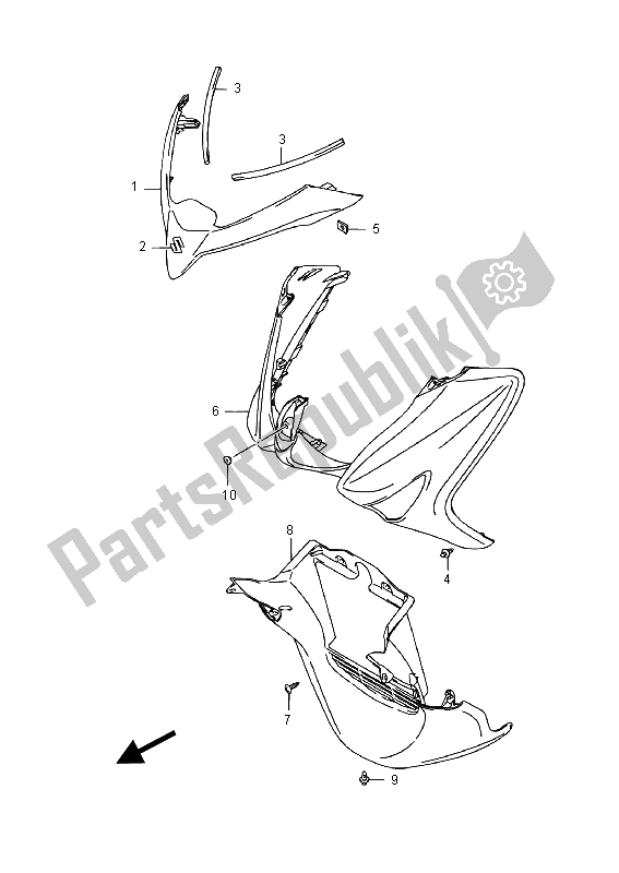 All parts for the Front Leg Shield of the Suzuki UH 200A Burgman 2015