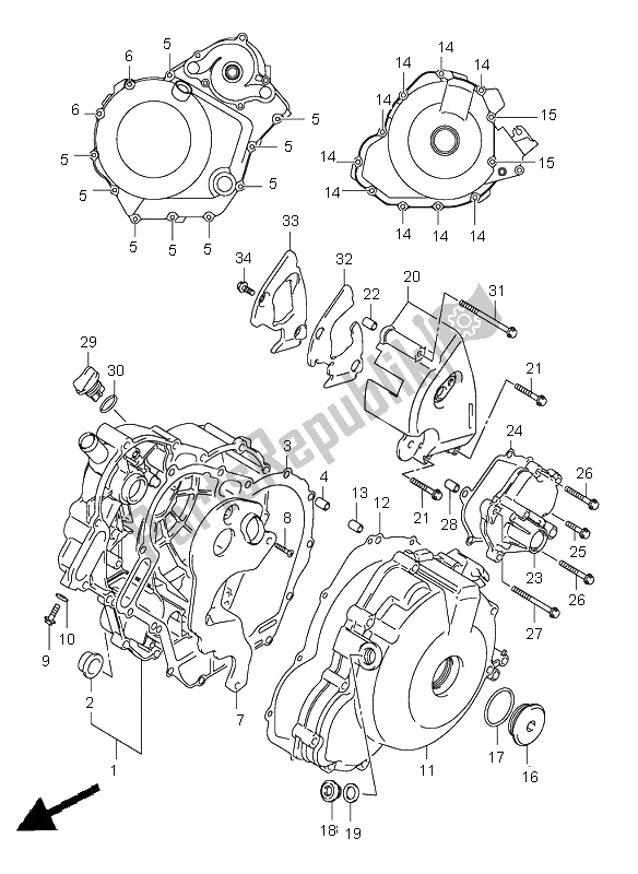 All parts for the Crankcase Cover of the Suzuki SV 1000 NS 2005