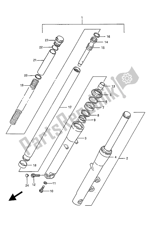 All parts for the Front Fork of the Suzuki VS 750 Glfpefep Intruder 1987