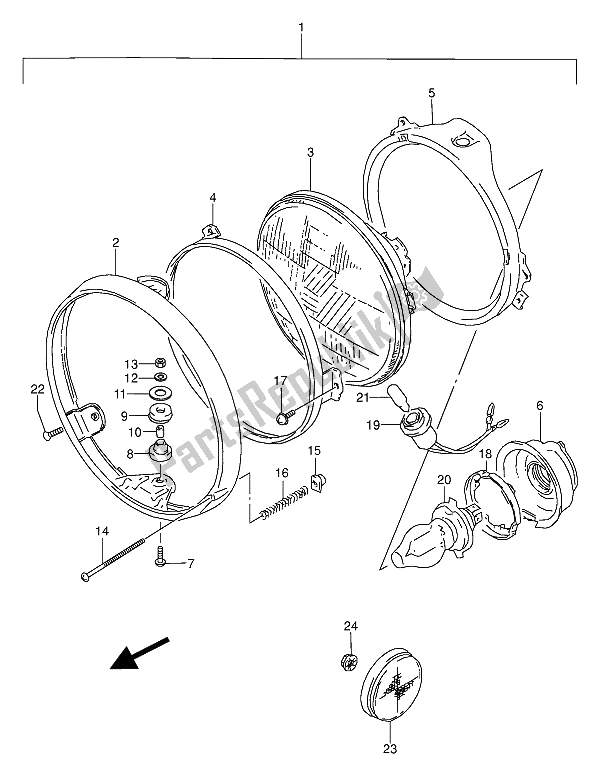 Alle onderdelen voor de Koplamp (e4-e15-e16-e17-e18-e21-e22-e24-e25-e34-e39-e53) van de Suzuki GS 500 EU 1991