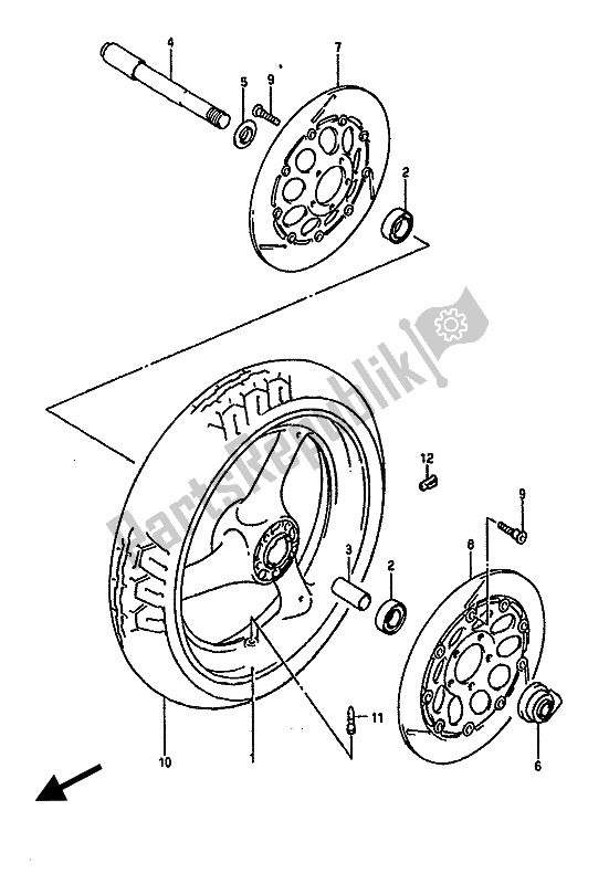 All parts for the Front Wheel of the Suzuki GSX R 1100 1990