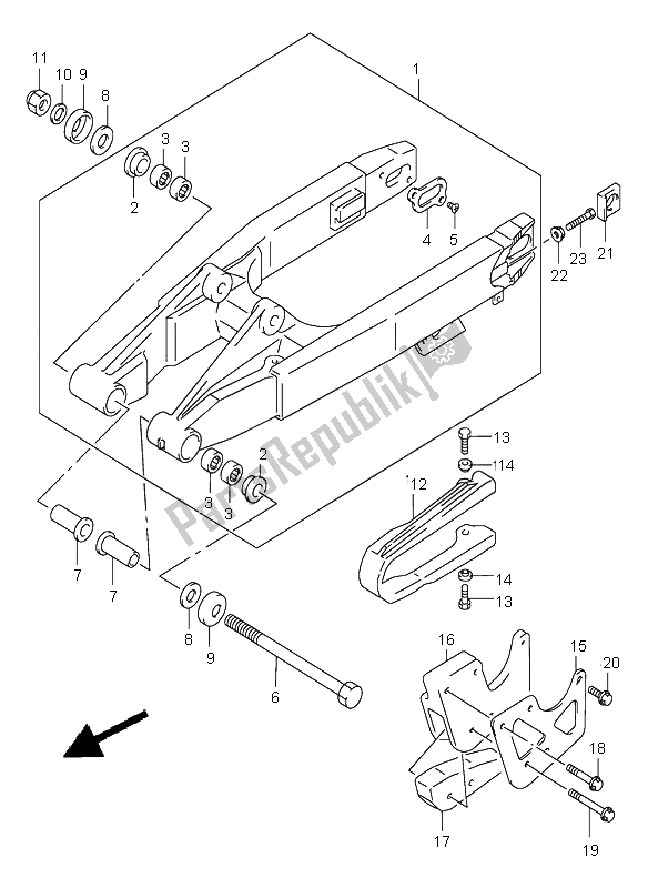 All parts for the Rear Swinging Arm of the Suzuki RM 85 SW LW 2005