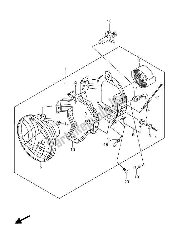 All parts for the Headlamp (vl800cue E19) of the Suzuki VL 800 CT Intruder 2014