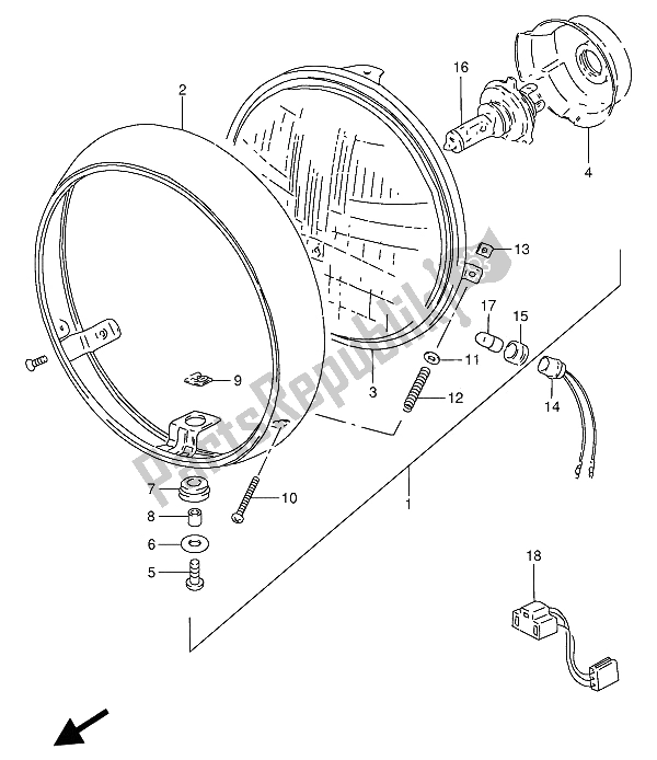 All parts for the Headlamp (e4) of the Suzuki GN 250 1989