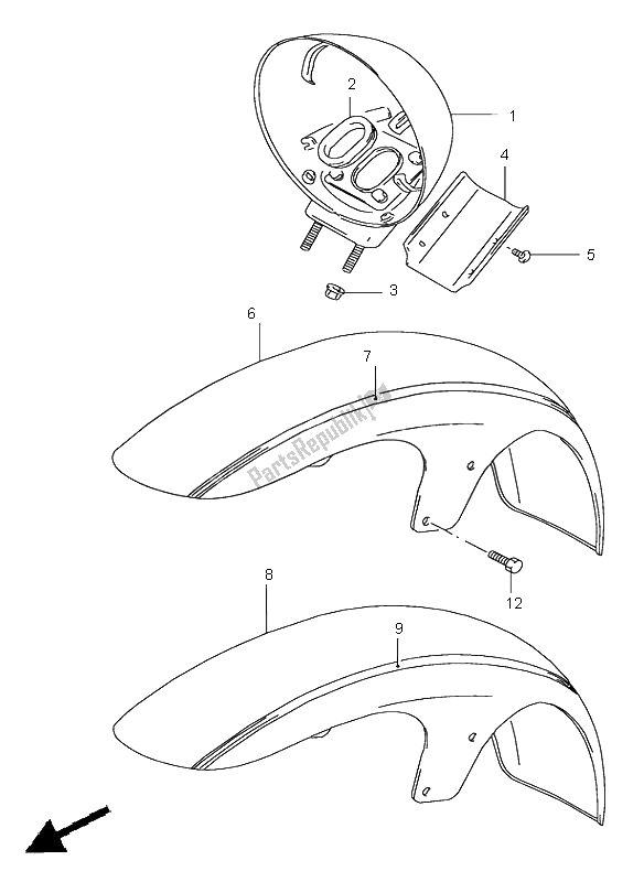 All parts for the Front Fender of the Suzuki VS 1400 Intruder 1998