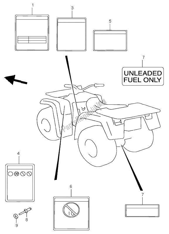 Alle onderdelen voor de Etiket van de Suzuki LT A 500F Quadmaster 2001