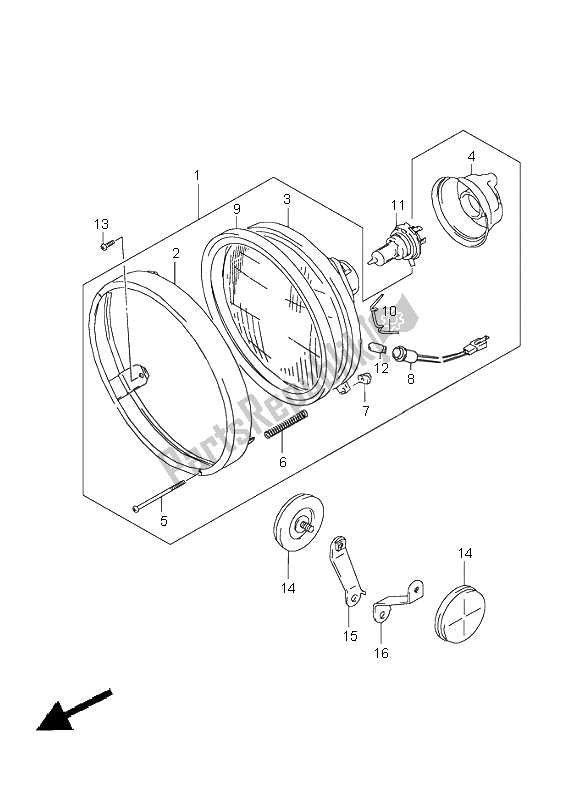 All parts for the Headlamp (e4-e17-e18-e22-e25-e34-p37) of the Suzuki VZ 800 Marauder 2002