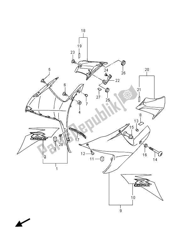 Alle onderdelen voor de Zijbekleding (ar5) van de Suzuki GSX R 600 2014
