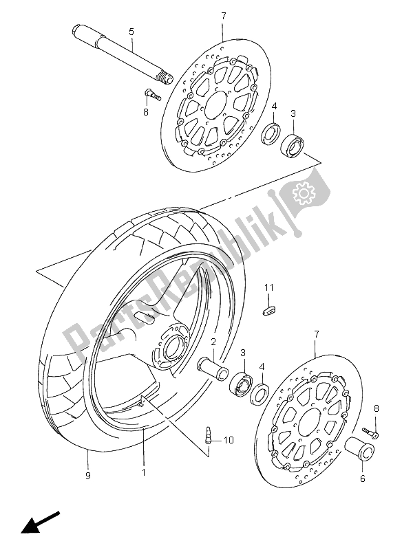 All parts for the Front Wheel of the Suzuki GSX R 750 1997