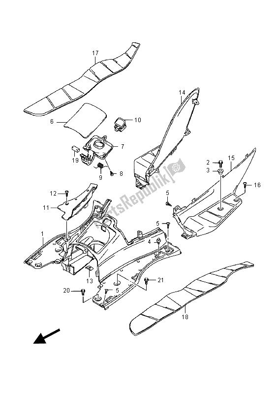 All parts for the Rear Leg Shield of the Suzuki UH 200A Burgman 2015