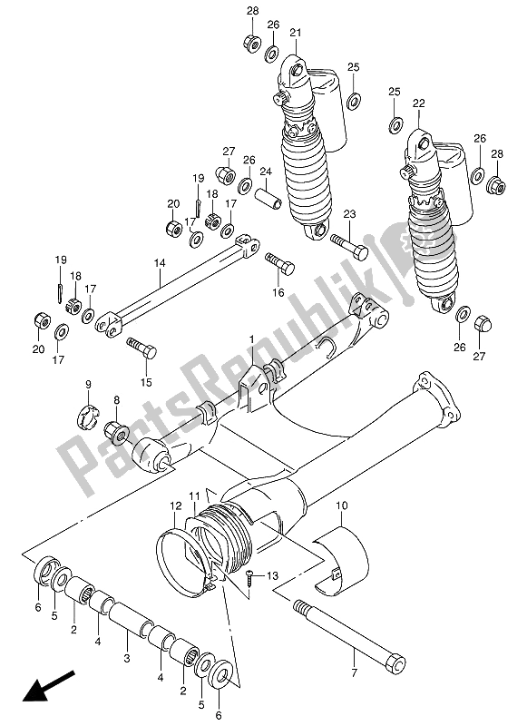 All parts for the Rear Swinging Arm (e2-e4-e15-e16-e17-e18-e21-e22-e24-e25-e34-e39) of the Suzuki VX 800U 1991