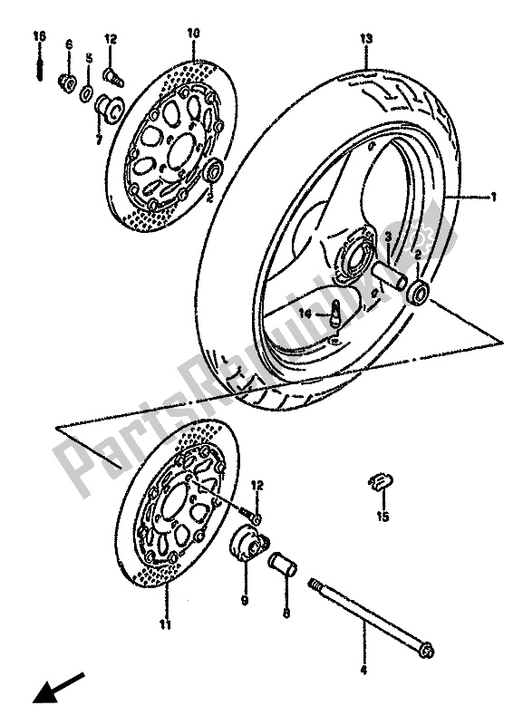 All parts for the Front Wheel of the Suzuki GSX 750F 1993