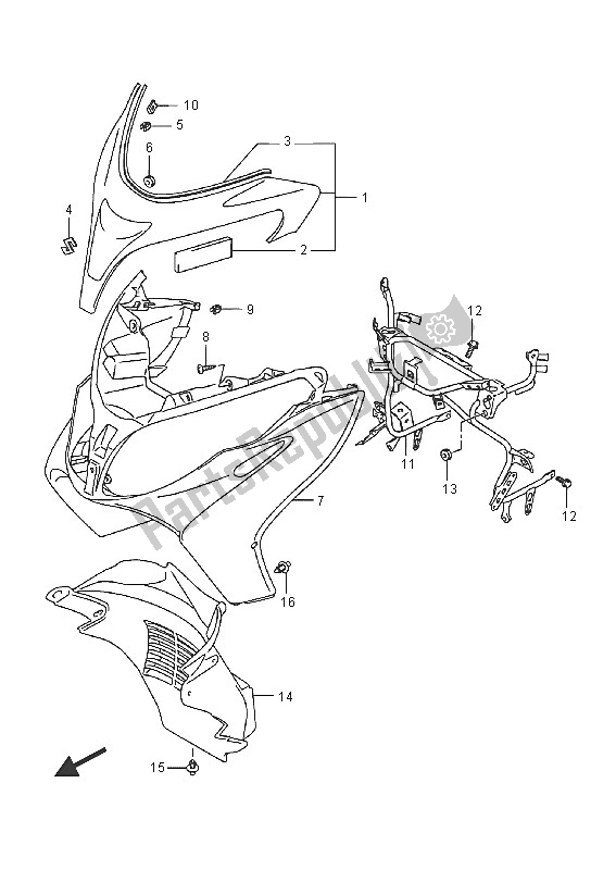 All parts for the Front Leg Shield (an400a) of the Suzuki Burgman AN 400 ZZA 2016