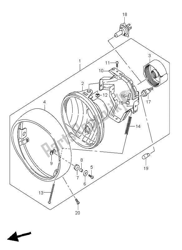 Alle onderdelen voor de Koplamp (e2-e19-p37) van de Suzuki VL 1500 Intruder LC 2008