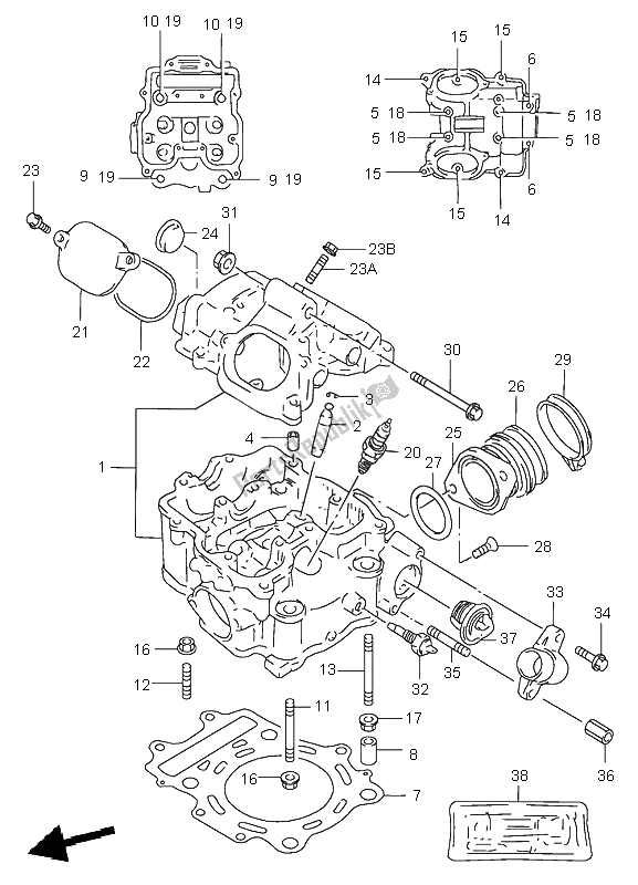 Alle onderdelen voor de Cilinderkop van de Suzuki LT A 500F Quadmaster 2000