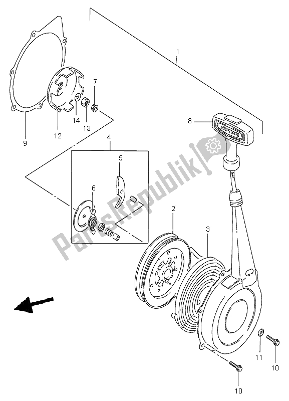 Alle onderdelen voor de Terugloopstarter van de Suzuki LT F 300F Kingquad 4X4 2000