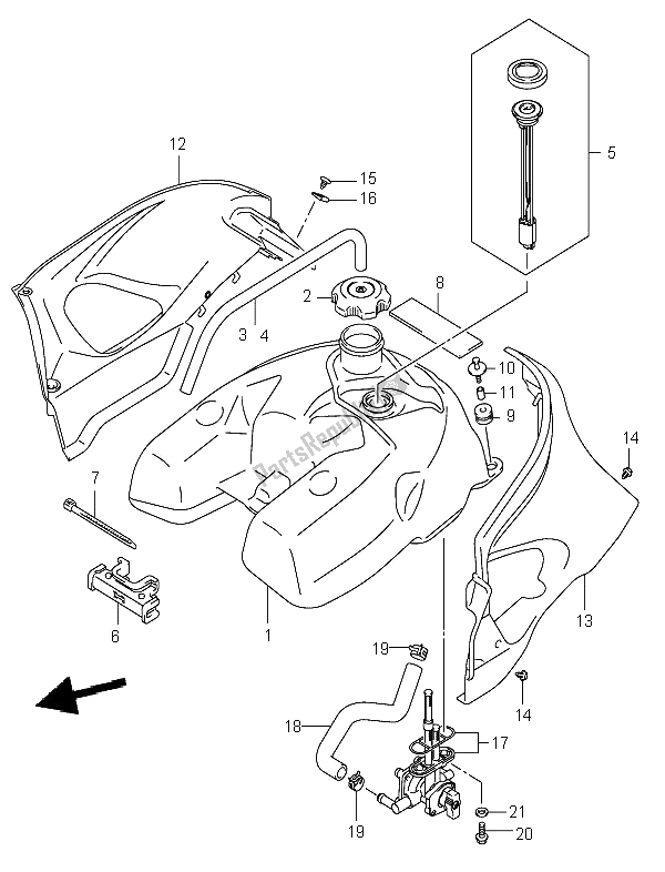 All parts for the Fuel Tank of the Suzuki LT A 500F Vinson 4X4 2002