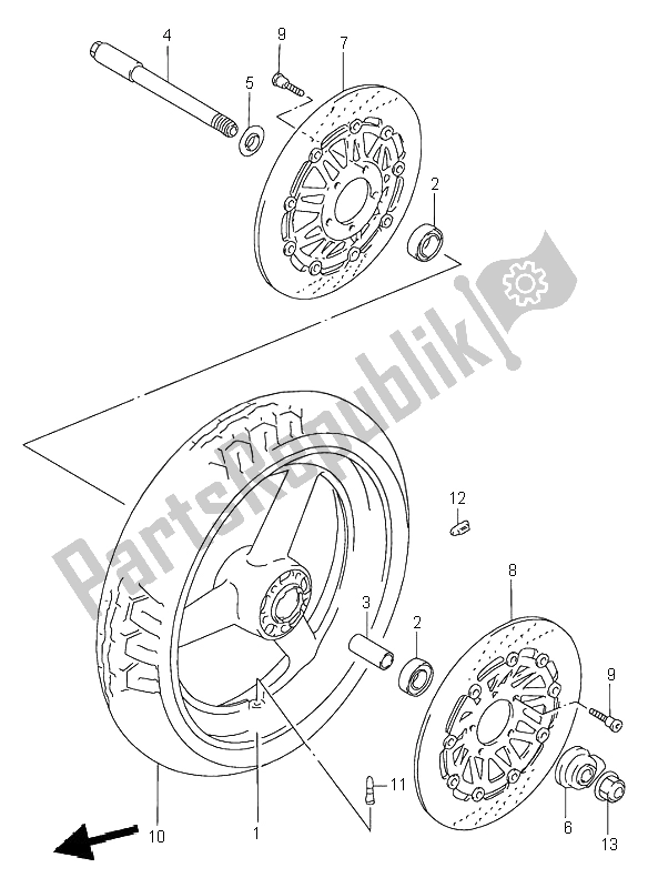 All parts for the Front Wheel of the Suzuki RF 900R 1995