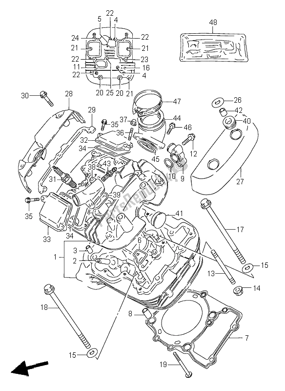 All parts for the Cylinder Head (front) of the Suzuki VS 600 Intruder 1995