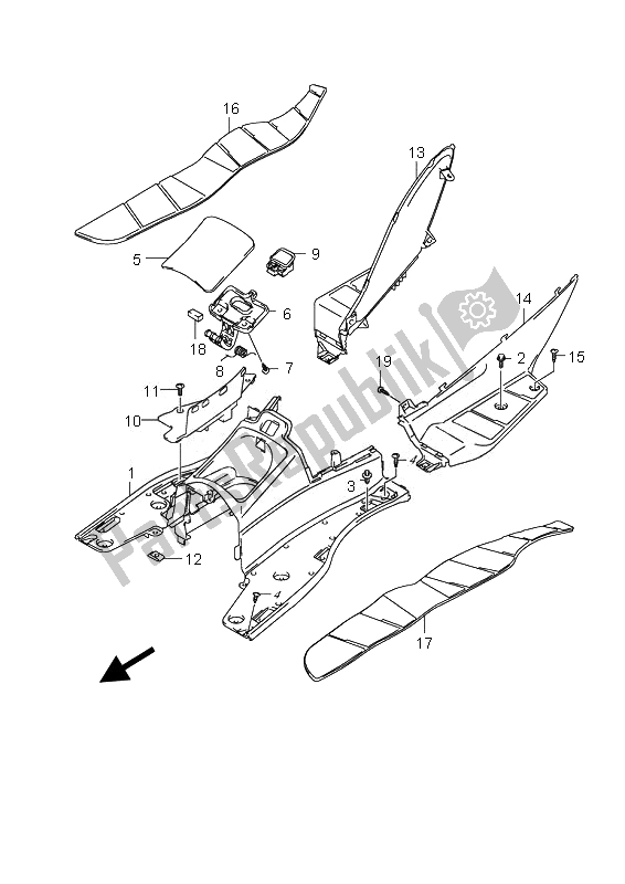 All parts for the Rear Leg Shield of the Suzuki UH 125 Burgman 2010