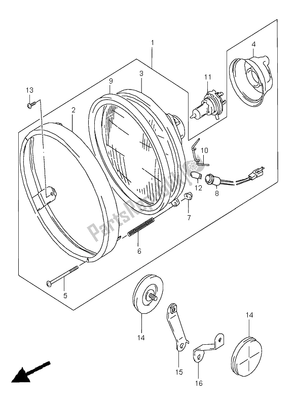 Alle onderdelen voor de Koplamp (e4-e17-e18-e22-e25-e34-p37) van de Suzuki VZ 800 Marauder 2000