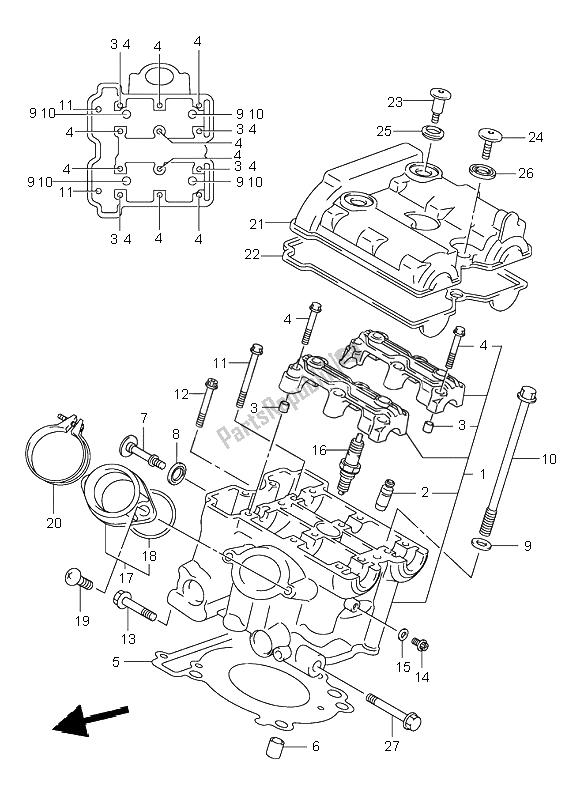 All parts for the Rear Cylinder Head of the Suzuki SV 650 NS 2002