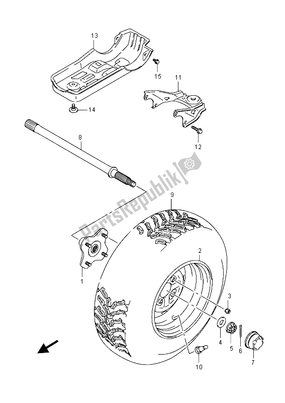 All parts for the Lh Rear Wheel of the Suzuki LT F 400F Kingquad FSI 4X4 2015