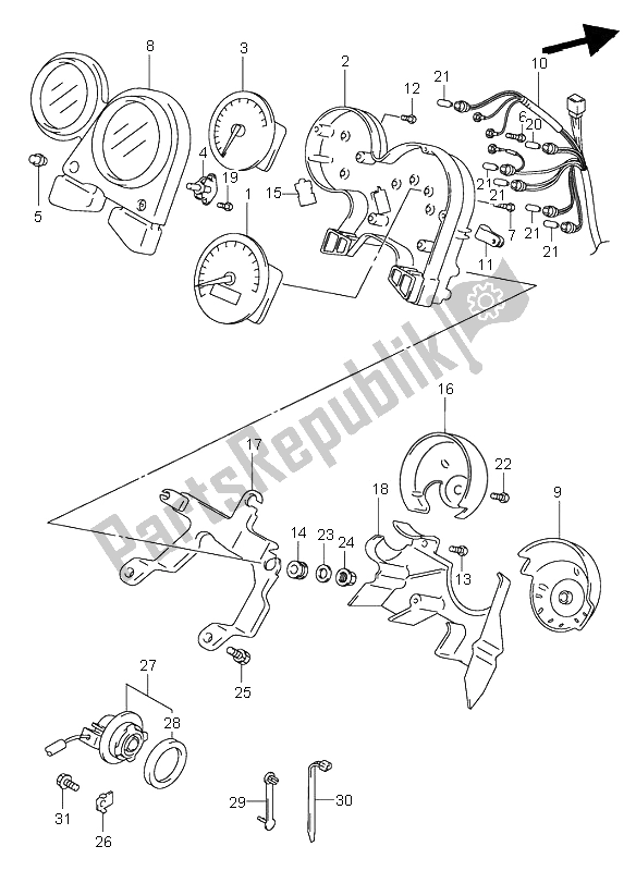 All parts for the Speedometer (sv650-u) of the Suzuki SV 650 NS 2002