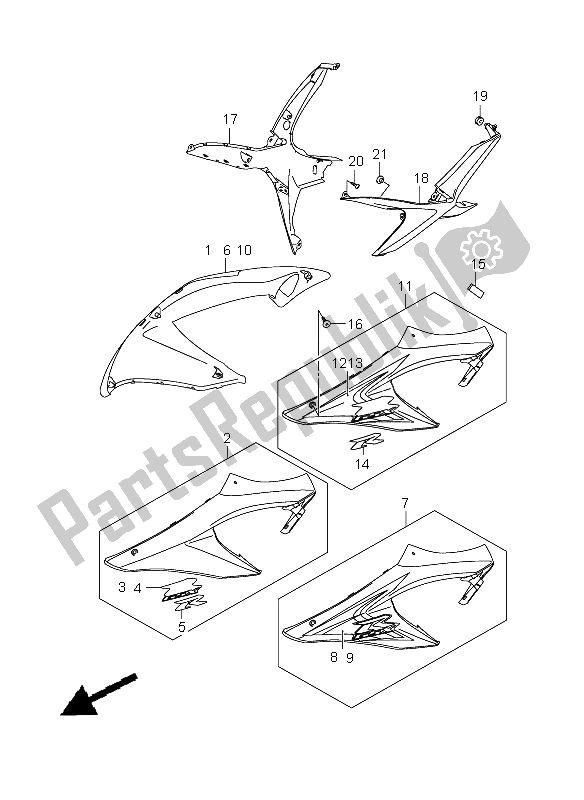 Alle onderdelen voor de Zijbekleding van de Suzuki GSX R 600 2008
