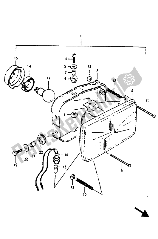 All parts for the Headlamp (e2-e4-e15-e17-e18-e21-e53) of the Suzuki RG 125 CUC Gamma 1986