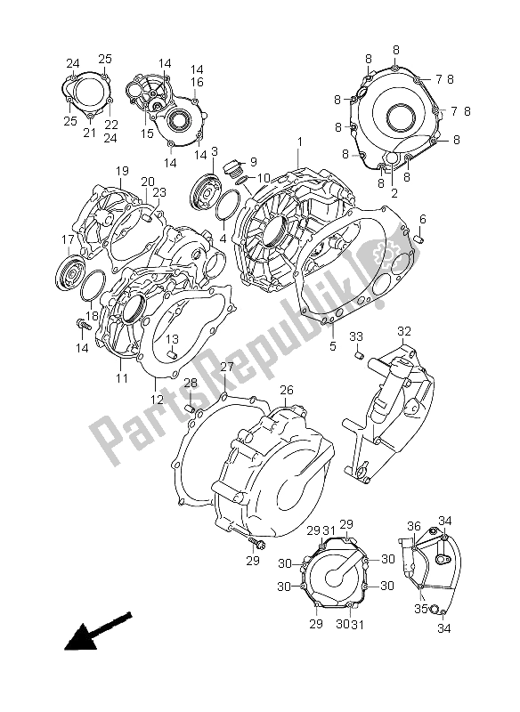 All parts for the Crankcase Cover of the Suzuki GSX R 1000 2005