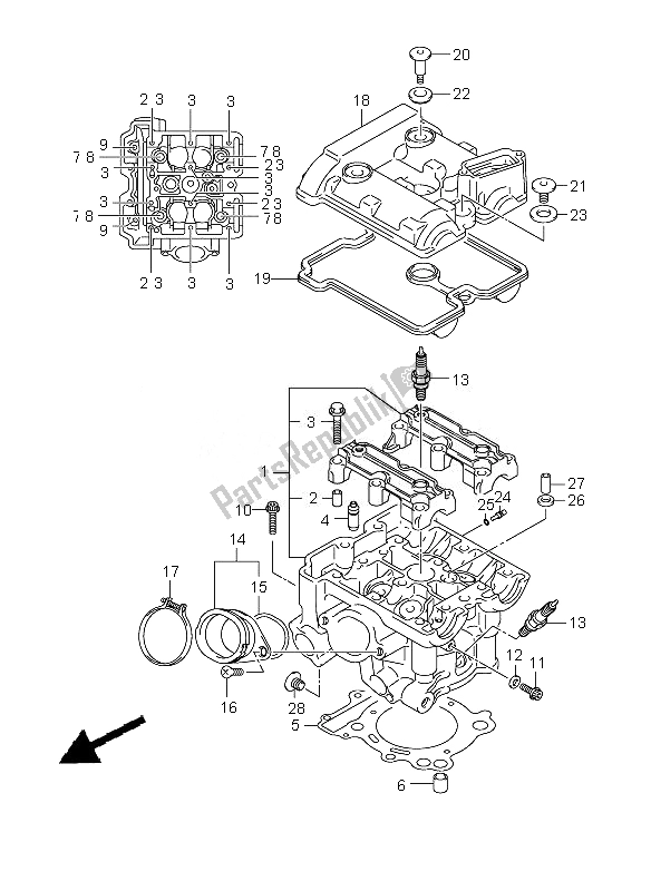 Alle onderdelen voor de Cilinderkop (achter) van de Suzuki DL 650A V Strom 2007