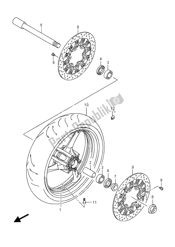 All parts for the Front Wheel of the Suzuki GSX R 750 2014