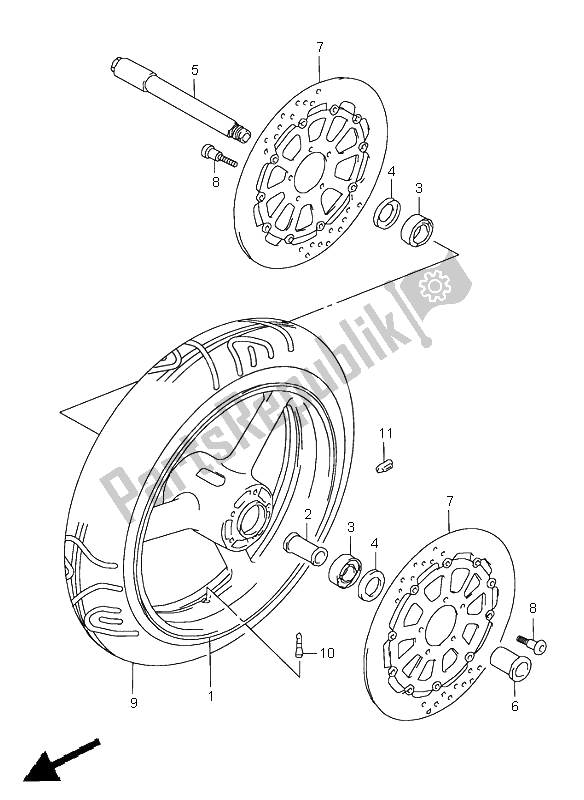 All parts for the Front Wheel of the Suzuki GSX R 600 1997