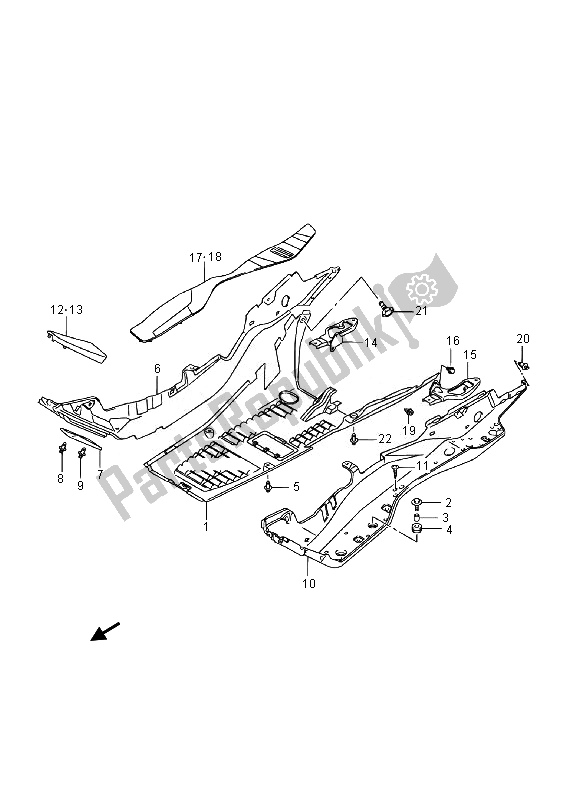 All parts for the Rear Leg Shield of the Suzuki Burgman AN 400 AZA 2014