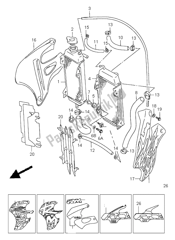 Alle onderdelen voor de Radiator van de Suzuki RM 125 2000