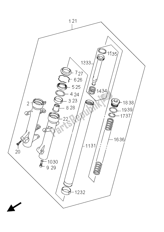 Alle onderdelen voor de Voorvork Demper (an400 E02) van de Suzuki Burgman AN 400 AZA 2012