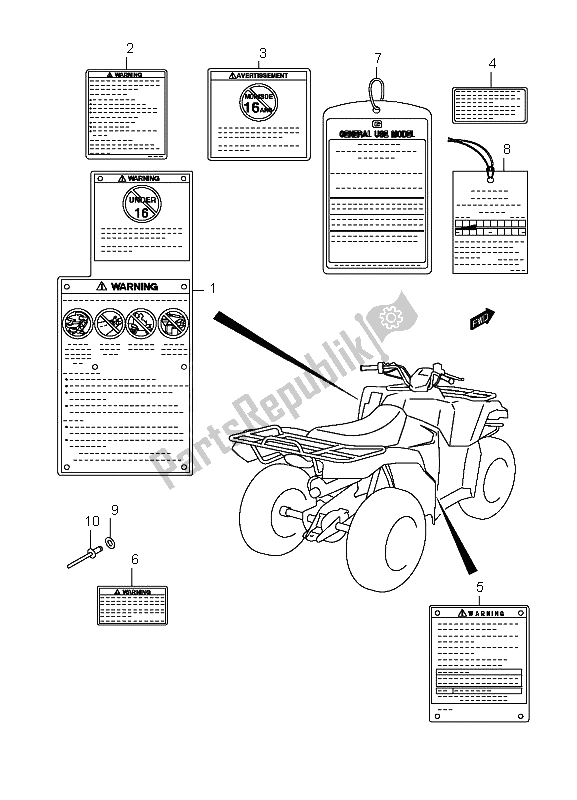 All parts for the Label of the Suzuki LT A 400F Kingquad 4X4 2008