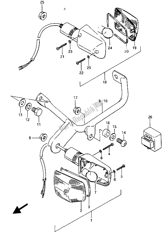 All parts for the Turnsignal Lamp (e1-e6-e24) of the Suzuki RG 250F Gamma 1986