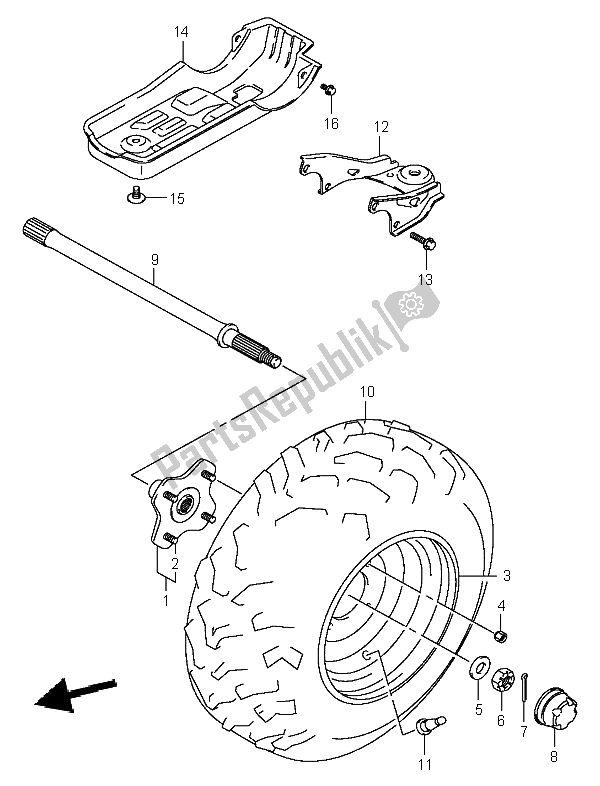 All parts for the Left Rear Wheel of the Suzuki LT A 400F Eiger 4X4 2006