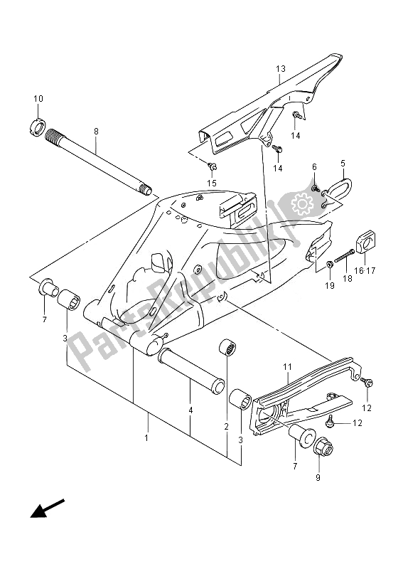 Alle onderdelen voor de Achterste Zwenkarm van de Suzuki GSX R 600 2014
