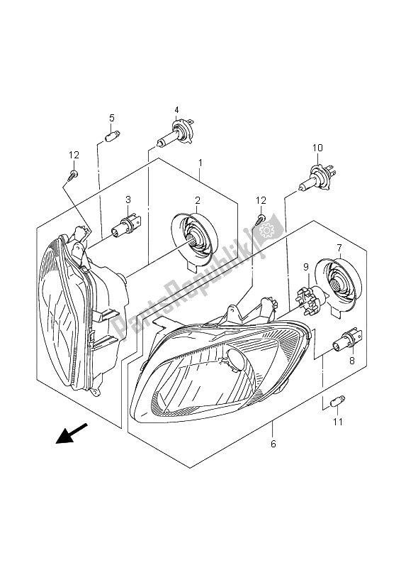 All parts for the Headlamp (e19) of the Suzuki AN 650A Burgman Executive 2006