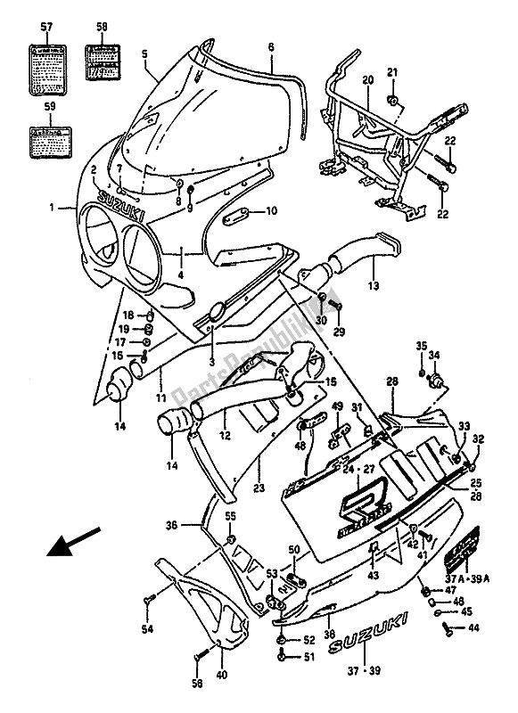 All parts for the Cowling (3cg) of the Suzuki GSX R 1100 1990